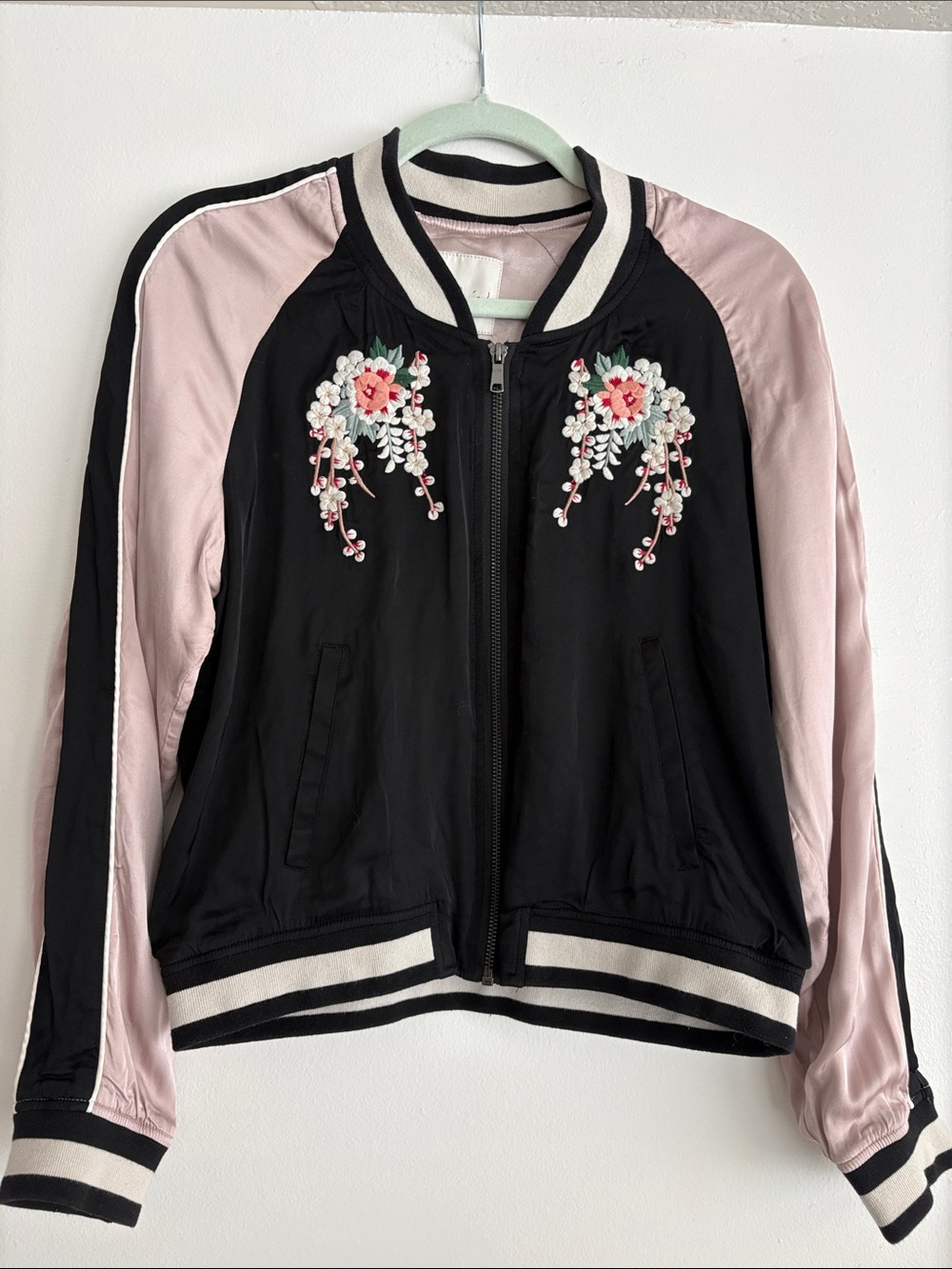 Joie Black & Pink Floral Embroidered Satin Bomber Jacket